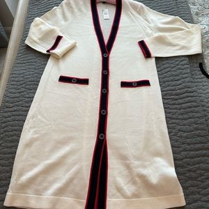 Talbots long cream color with navy and red trim merino wool sweater SM